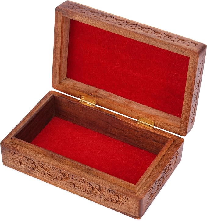 Ajuny Wooden Jewelry Box Hand Carved Flower Keepsake Chest - 8x5 Inch | Multipurpose organizer for necklaces, watches, rings and accessories; elegant birthday, wedding or anniversary present.