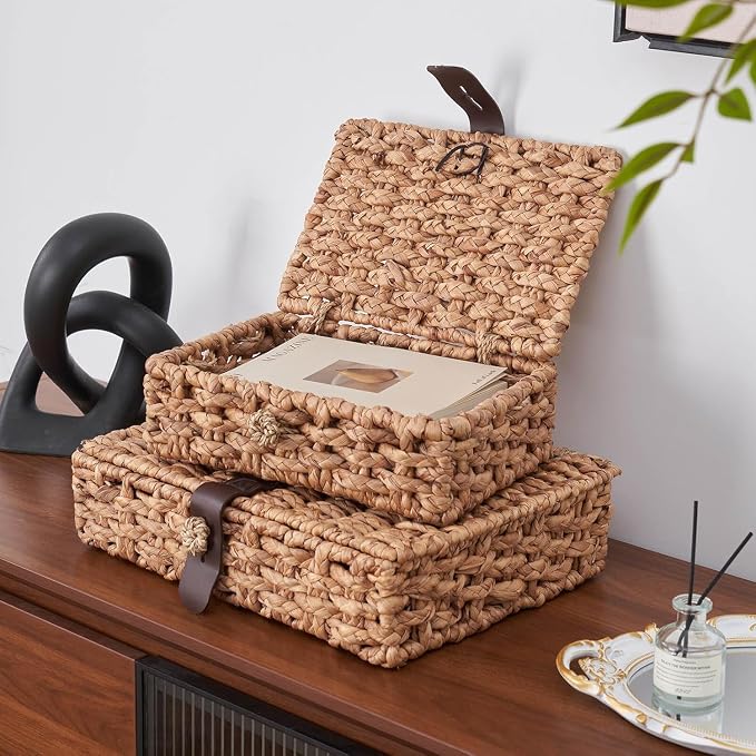 Wicker Storage Basket with Lid, 2-Piece Set Decorative Box with Lid, Water Hyacinth Woven Decorative Box for Shelf, Coffee Table, Console Table, Home Decor