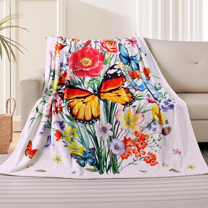 Floral Blanket Ultra Soft Butterfly Flowers Throw Blankets Wildflower Leaves Flannel Fleece Throw Watercolor Warm Cozy Fuzzy Plus Gift Cabin Blanket for Bed Sofa, 50" X 60"