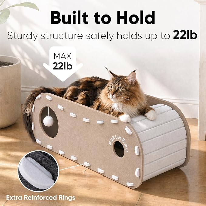 FUKUMARU Cat Bed Cave Tunnel, 31.5 Inch, Cat House Condo Indoor, Beige | Extra Long Design, For Multiple & Large Cats, Felt Material, Fluffy Ball Included, Scratch Resistant