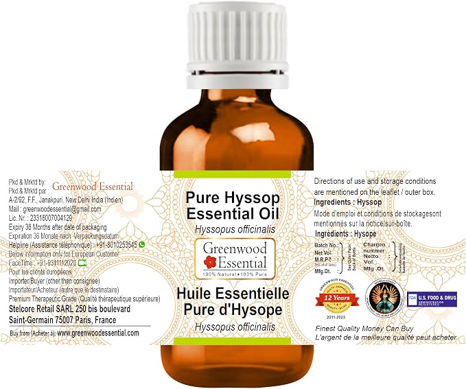 Greenwood Essential Pure Hyssop Essential Oil (Hyssopus officinalis) Steam Distilled 15ml (0.50 oz)
