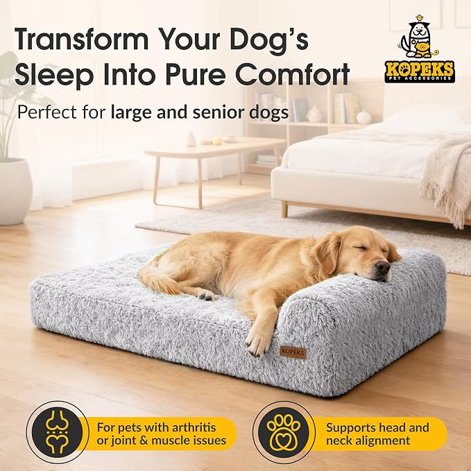 Orthopedic Memory Foam Dog Bed 7" Inch Thick Extra Large Dog Bed with Pillow Fluffy Grey 50"x34"x10" Includes Waterproof Liner & Durable Removable Cover with Smart Design