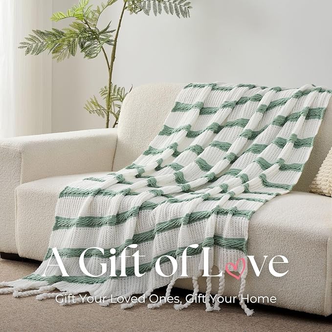 Boho Knitted Chenille Blanket with Tassels - Lightweight & Soft All-Season Throw - 3D Classic Pattern for Living Room Bedroom Couch, Sage Green(Striped), Throw 50"x60"