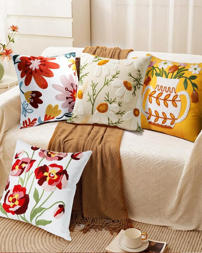 Embroidered Throw Pillow Cover - 18x18 Decorative Pillow Cover with Zipper Aesthetic Cute Design Boho Spring Summer Cozy Throw Pillowcase for Living Room Couch Sofa Bed, Rose Flowers