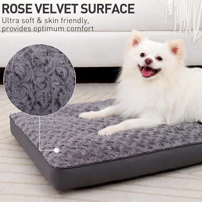 KSIIA Washable Dog Bed for Crate Waterproof for Medium Dogs,29x18 Inch,Gray | 3in egg crate foam,orthopedic support,Soft rose velvet,3ply waterproof fabric,removable cover,anti-slip base,washable