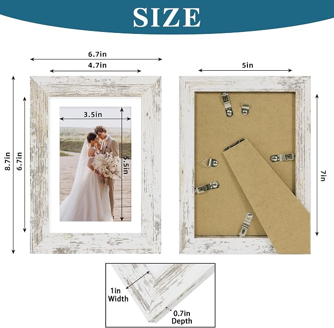 Hongkee 5x7 Picture Frame Set of 4, Made of Real Glass and Distressed White Wooden Frame, 5 by 7 Photo for Wall or Tabletop - Display Picture 4x6 with Mat or 5x7 Without Mat (Pack of 2)