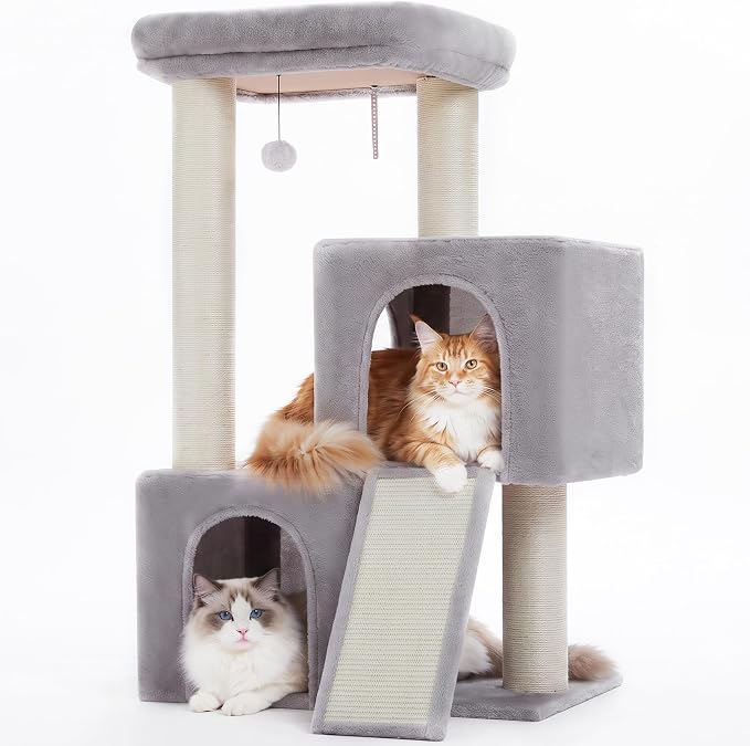 PAWZ Road Large Cat Tree, 45" Heavy Duty Cat Tower with Dual Condos, Gray | thick scratching posts(φ4.3"), 21"x21" spacious perch, large scratching ramp, dual condos for large&maine cats