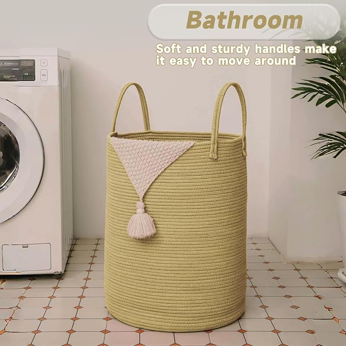 JMvicyroam 100L Cotton Rope Laundry Basket Hamper, Jute | Collapsible laundry basket, reinforced handles, freestanding, machine washable, holds 3-5 thick blankets, clothes or toys