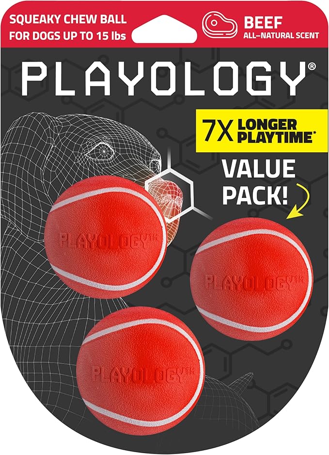Playology Squeaky Chew Ball Dog Toy - Small, Beef Scent, 3-Pack