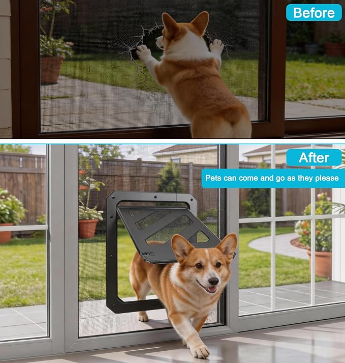 Dog Door for Screen Door, Enhanced Quiet Flap & Sealing Brush, 10.2”x14.3” Opening, Lockable Doggy Screen Door, Magnetic Self-Closing Pet Door-Medium to Large Dogs up to 60 lbs (Black)