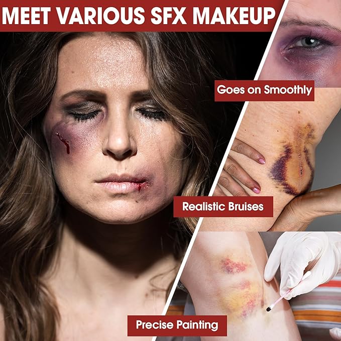 6 Colors Halloween Face Body Paint + 6pc Sponge + 3pc Brush, Yellow Purple Red Green Bruise Wheel for SFX Makeup, Face-Paint Body Paint Halloween Makeup Kit for Zombie Clown Joker Alien Witch Costume