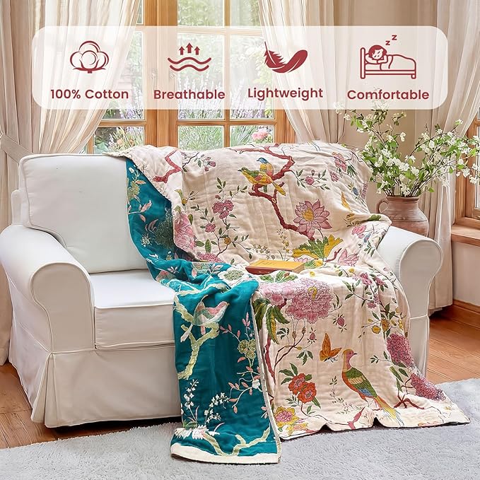 MSGKV Boho Throw Blanket 50"x60" Cotton Bird Blanket for Couch Bed Decor | 100% Cotton Throw, Chinoiserie Floral Bird, Reversible Blanket, Summer Decor, Road Trip Blanket, Machine Washable