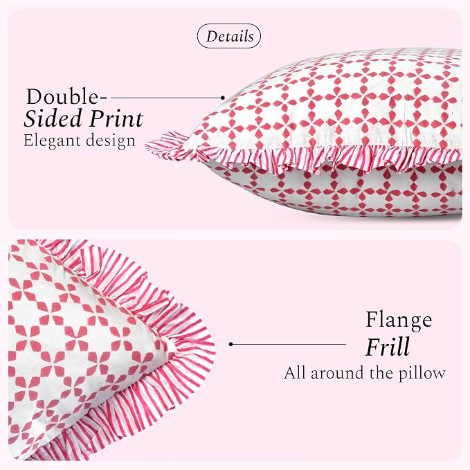 CPC Magenta Pink Hand Block Print 100% Cotton Ruffle Throw Pillow Cover 24x24 inch with Hidden Zipper Decorative for Couch, Bed, Sofa, Farmhouse, Cottagecore Decor Gift Christmas Fall Thanksgiving