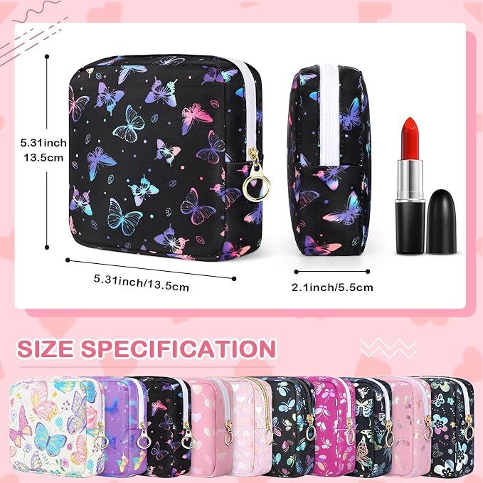 Likesing Period Bag Pouch, Canvas Sanitary Napkin Storage Bag for Girls Womens, Portable Sanitary Napkin Period Pad Pouch Bag for Purse, Small Make Up Bags(Black Butterfly)