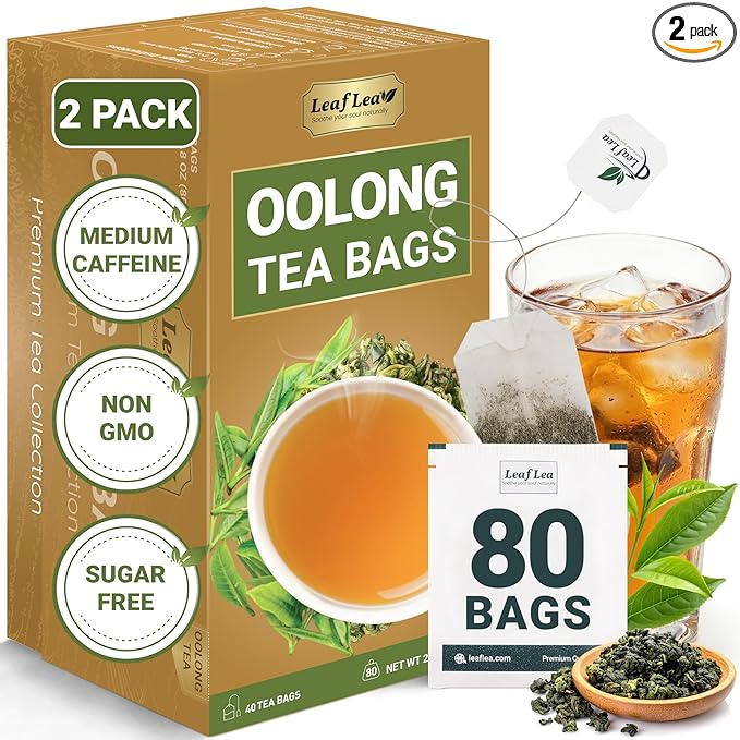 LeafLea Oolong Tea Bags, Post-Meal Comfort & Daily Ease, 80 Count | Te Oolong From Whole Camellia Sinensis Leaves, Mellow Golden Cup, Caffeinated, Sugar-Free, Individually Wrapped