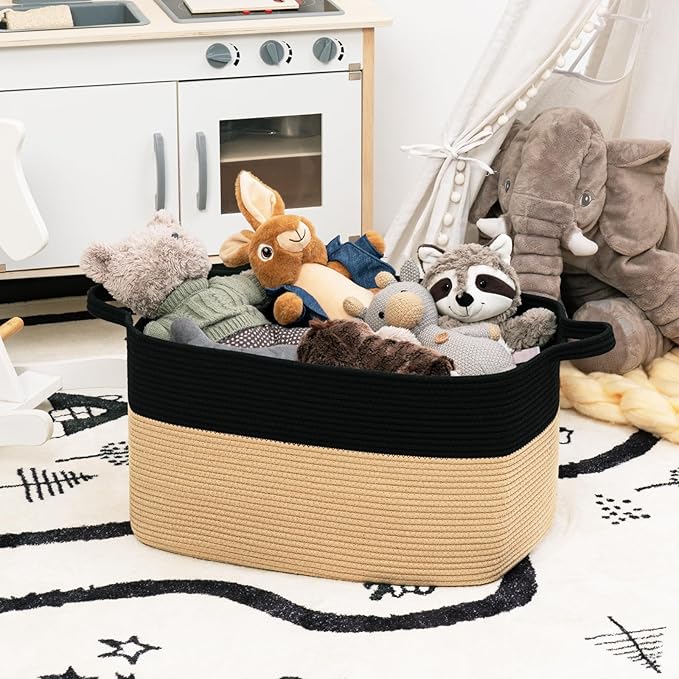 Goodpick Large Woven Blanket Basket, Rectangle, Black & Camel | 21.6'' x 14.9'' x 11.8'' Wicker Storage Basket for Toys & Blankets, Bedroom & Nursery Organization, Reinforced Handles