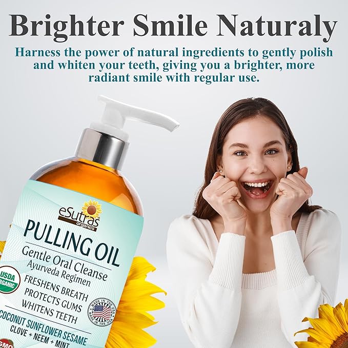 eSutras Pulling Oil Pure Herbal Mouthwash Organic Coconut Sesame Sunflower Oils + Mint Neem Clove Safely Whitens Teeth Refreshes Breath Strengthens Gums