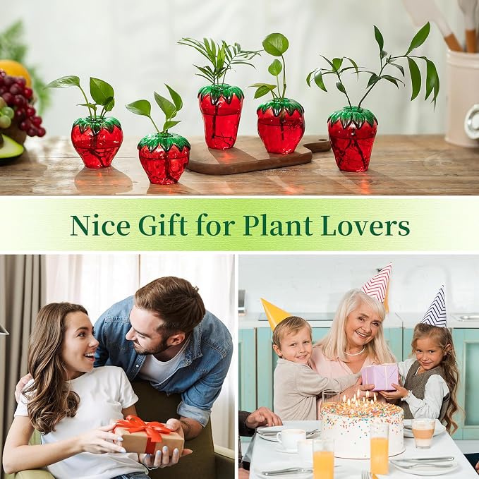 Hewory Cute Glass Strawberry Vases: 5PCS Propagation Vases for Plants | Red Strawberry Decor for Kitchen, Windowsill, Shelves, Gifts for Women, Mother, Novelty Indoor Hydroponic Flower Planter Pot