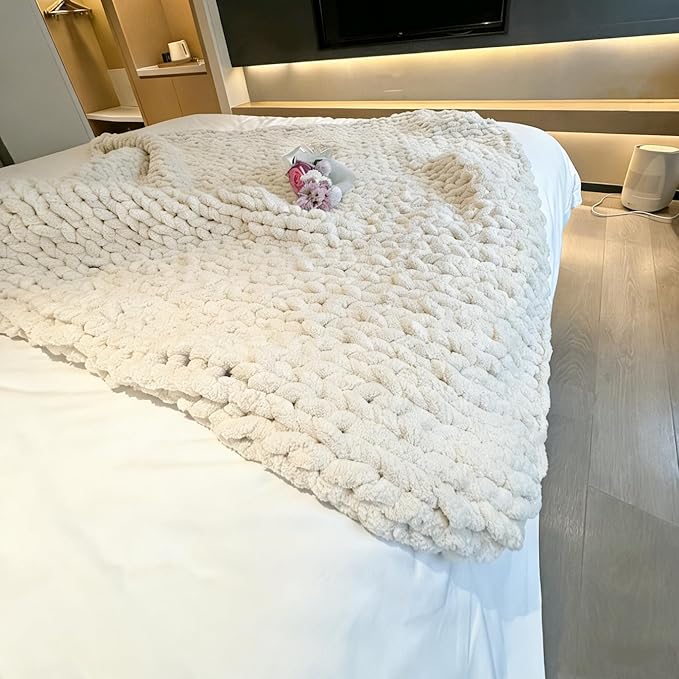 Soft Chunky Knit Throw Blanket for Couch, Cozy Warm Knitted Blankets | Hand Knit with Jumbo Chenille, Lightweight Warm Fluffy Decor for Women, Mom, Her & Girls, Sofa, Chair, Bed, 48"×71" (Beige)
