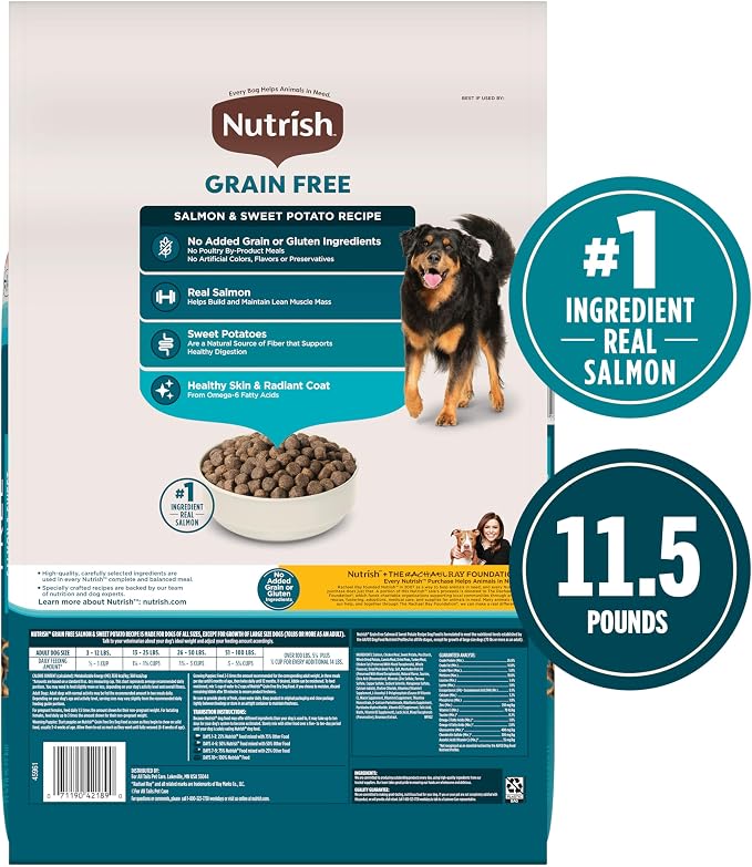 Nutrish Grain Free Salmon Dry Dog Food, 11.5 lb. Bag (Rachael Ray) | Made with Sweet Potatoes to Support a Healthy Digestion, No Added Grain or Gluten Ingredients or No Poultry By-Product Meal