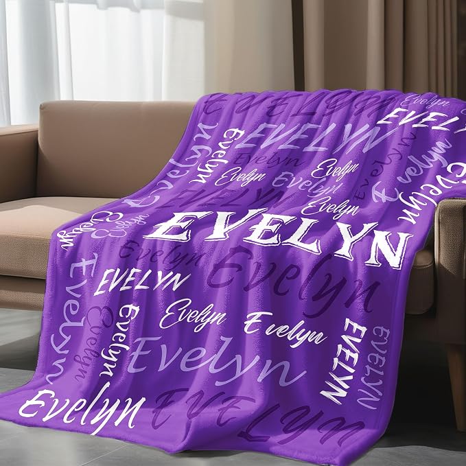 Personalized Custom Purple Theme Light Soft Flannel Fleece Throw Blanket with Name for Men, Women, Boys, Girls, Kids - Customized Name Gifts for Birthday, Christmas, Valentines Day