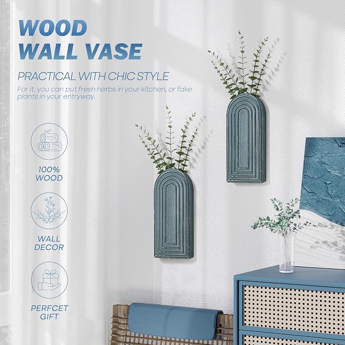 EOSAHR Wall Vase for Boho Room Decor: Wall Planter for Flowers, Denim Blue | 2Pcs, Pine Wood, 3D Embossed Lines, Round Corner Design, Blue Wall Art for Living Room, Ideal for Fake Plant