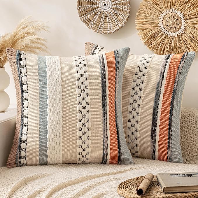 ANRODUO Boho Decorative Pillow Covers 18x18 Orange-Blue Stripe Pack of 2 | Throw Pillow Covers, Farmhouse Cushion Case, Chenille Pillow Cases, Pillow Covers, Accent Neutral Pillowcase for Sofa Couch