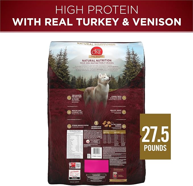 Purina ONE True Instinct Dry Dog Food, Real Turkey & Venison, 27.5 lb Bag | Nutrient dense, with 30% protein to help support strong muscles, natural with added vitamins, minerals and nutrients