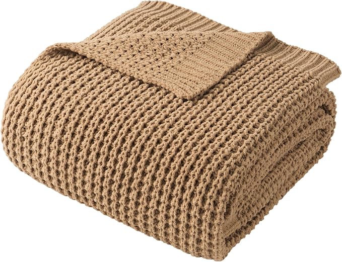 Beige Throw Blanket for Couch, Tan Waffle Knitted Throw Blankets 50"x60" | Farmhouse Throw Blanket for Home Decor, Neutral Knitted Beige Blanket, Decorative Soft Chunky Chenille Throw for Bed Sofa