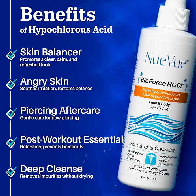 BioForce HOCl - Pure Hypochlorous Acid Spray for Face & Body - Acne-Prone Skin & Eczema, Piercing aftercare, Made in Canada, Gentle Skin Cleanser & Toner, pH Balanced, Non-comedogenic - NueVue (8.2oz)