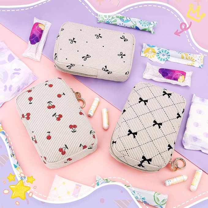 Corduroy Tampon Holder for Purse, Cute Rectangle Period Bag with Ring Buckle, Portable Tampon Bag Organizer Case for Feminine Products (Bow-Black)