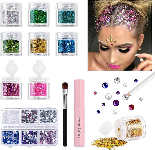 Chunky Body Glitter & Face Gems Set – Multi-Color Holographic Glitter, Flatback Pearls, Glue, Wax Pencil & Brush for DIY Festival Makeup, Halloween, Parties, Raves, Stage & Hair Decoration
