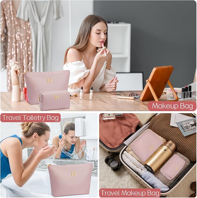 Women Gifts | Initial Makeup Bag for Girl Personalized Gifts for Bridesmaid Friend PU Leather Cosmetic Travel Toiletry Bag(Pink,H)