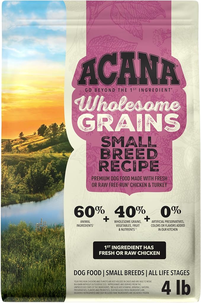 ACANA Wholesome Grains Dry Dog Food Small Breed Recipe 4lb Bag | Made in the USA, Includes Probiotics, Omega-3 Fatty Acids, Free-Run Poultry, Small Breed Dogs, Global Quality Ingredients