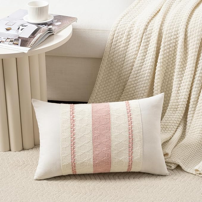 Fancy Homi Set of 2 Boho Pink Long Lumbar Decorative Throw Pillow Cover 12x24 Inch for Couch Bed Sofa Chair, Modern Organic Farmhouse Home Decor, Soft Cotton Cute Accent Rectangle Cushion Case