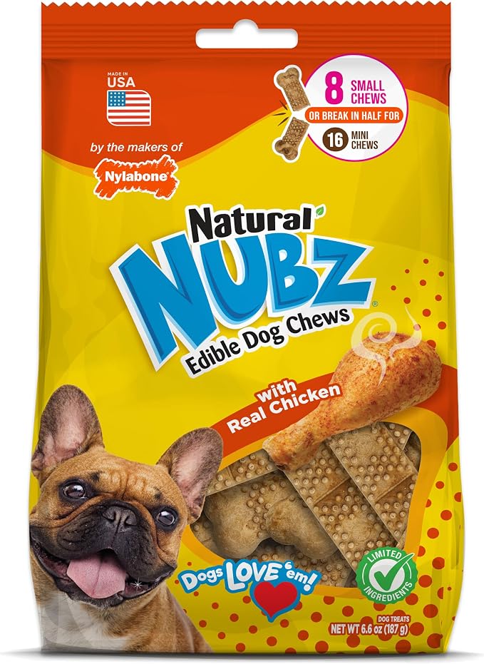 Nylabone Nubz Natural Dog Treats Made with Real Chicken, Small, 8 Count | Long lasting dog chews, made in USA, limited ingredients, highly digestible, dog dental treats for small dogs up to 30 lbs