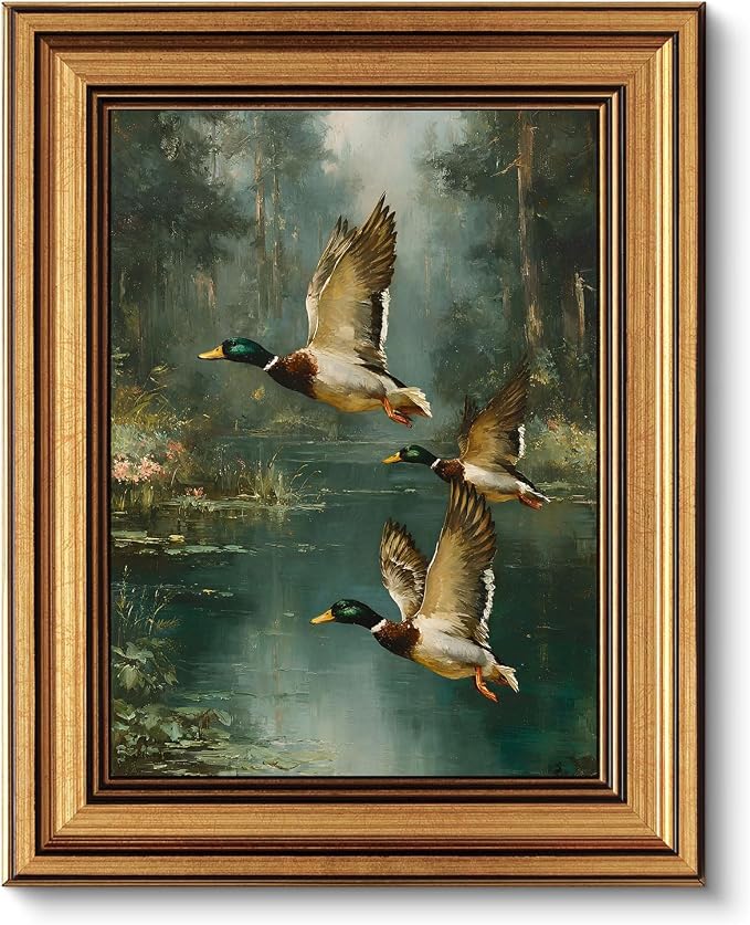 Gold Framed Wall Art, Vintage Mallard Duck Canvas Prints, Flying Ducks Rustic Cabin Lake Picture Wall Decor, Farmhouse Wildlife Nature Artwork for Living Room Hunting Lodge, Man Cave 12x16 inch