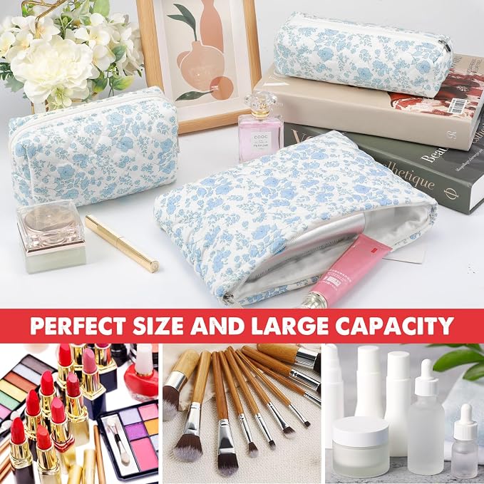 3 Pcs Makeup Bag Cosmetic Bag Set for Girls Women Checkered Travel Organizer Bathroom Toiletry Pouch Large Capacity Storage Bag(Blue Flower)