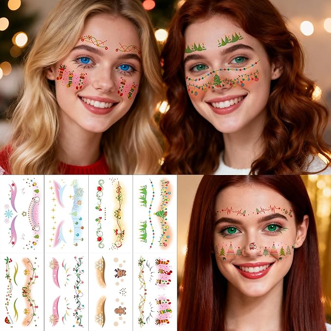 Christmas Temporary Tattoos Snowflake Christmas Tree Blush Face Tattoos Mixed Styles Cartoon Elk Eye Fake Tattoos Cute Holographic Stickers Waterproof Face Stickers for Girls Body Art Makeup 10 Sheets