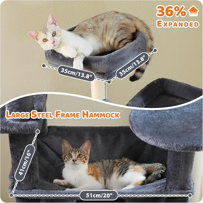 PAWZ Road XXL 81" Cat Tree Large Cats with Big Condos,Perches Sisal Posts | 20"x16" hammock for adult cats, tall cat tower with 7 scratching posts, dual perch and large condo for big maine cats