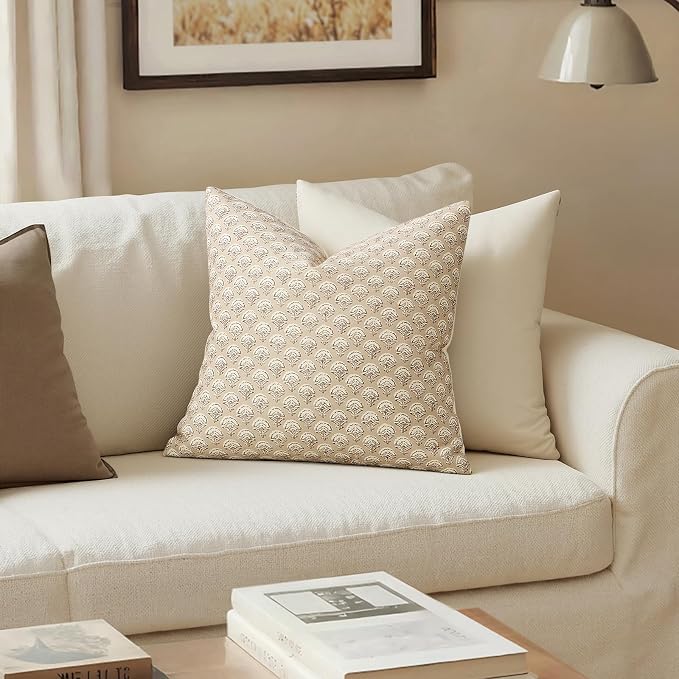 MIULEE Floral Print Decorative Pillow Covers 18x18, Cream Oatmea | Vintage Boho Farmhouse Modern Home Decor, Set of 2, Block Print Cushion Covers for Couch Sofa Bed Living Room
