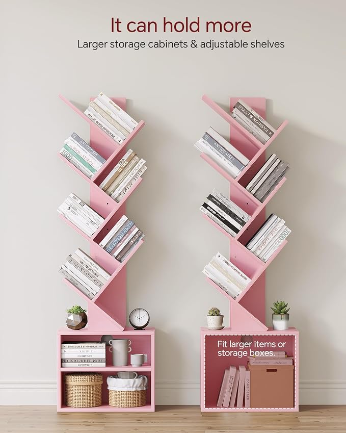 SUNMORY 6 Tier Tree Bookshelf, Tall Small Bookcase with Storage Cabinet | Modern Narrow Bookshelves Organizer, Floor Standing Book Case Shelf for Bedroom Living Room Home Office Corner, Pink