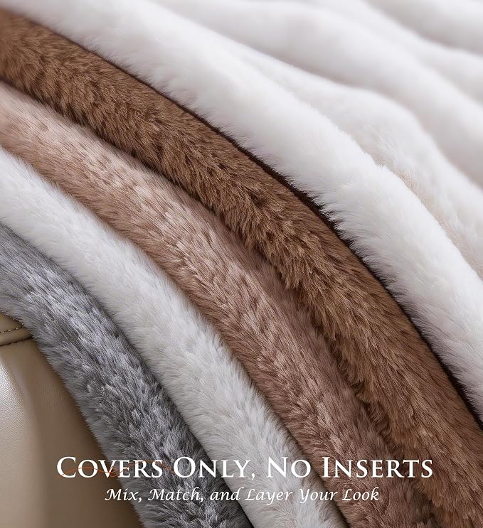Pack of 2 Throw Pillow Covers 18x18 Decorative Solid Plush Faux Fur with Soft Velvet Back, Square Striped Cushion Cases Modern Farmhouse Home Decor for Living Room Couch Sofa Bed Apricot