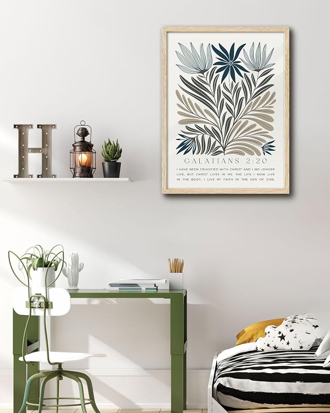 EcoHest 16x20 in Galatians 2:20 Botanical Floral Framed Christian Wall Art | Solid Oak Wood Frame with Canvas Wall Art, Nature Scripture Bible Verse Decor for Bedroom, Living Room, Office, Church, 1Pack