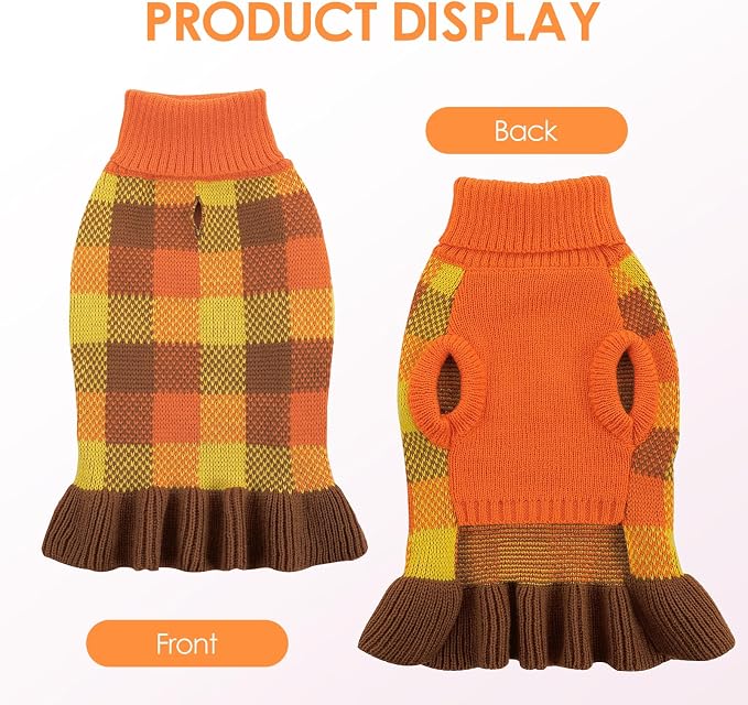 Dog Sweater Dress Plaid Knitwear for Small Medium Dogs Warm Puppy Pet Turtleneck Stretch Pullover Cute Fall Winter Vest Clothes with Leash Hole for Christmas (Orange, S)