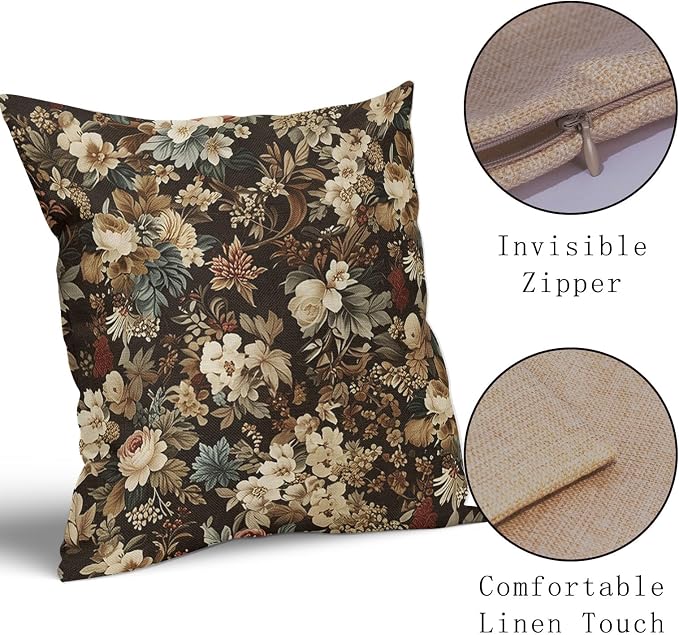 Deep Brown Vintage Floral Pillow Covers 20X20 Inch Set of 2 Boho Ivory White Flower Botanical Decorative Square Pillow Cases Rustic Bohemian Cushion Case Farmhouse Home Decor for Sofa Couch