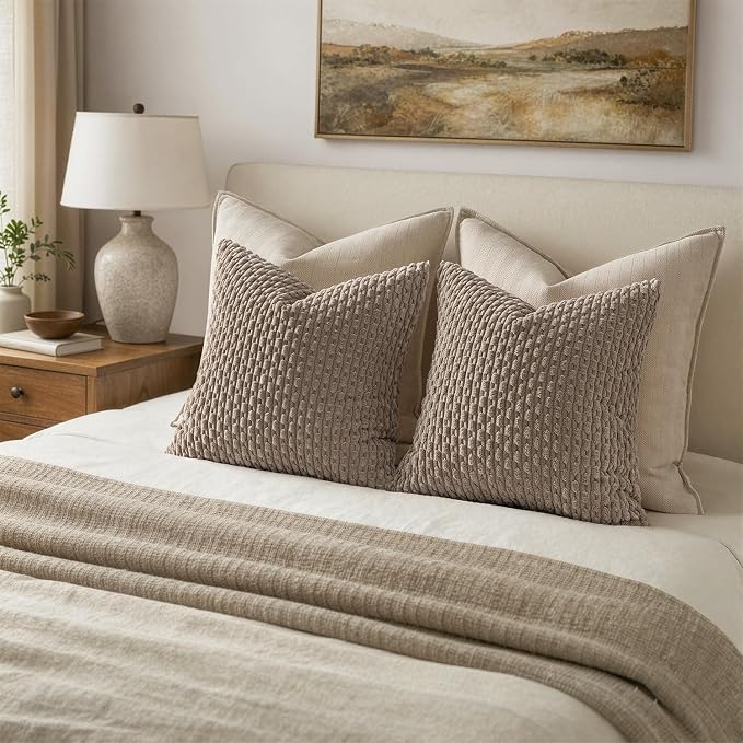 MIULEE Decorative Throw Pillow Covers 16x16 Neutral Brown Textured Corduroy | Pack of 2 Striped Pillow Covers Modern Farmhouse Fall Home Decor for Couch Bed Sofa Living Room