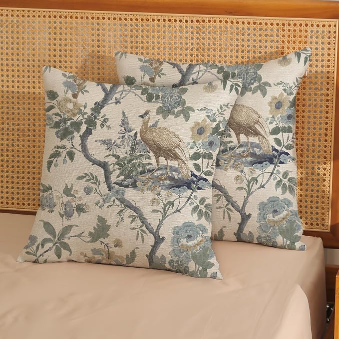 Chinoiserie Pillow Covers 20x20 Set of 2 Blue Bird Floral Throw Pillows Vintage Blue Green Flowers Decorations Outdoor Pillowcase Chinoiserie Decor Farmhouse Cushion Case for Couch Home