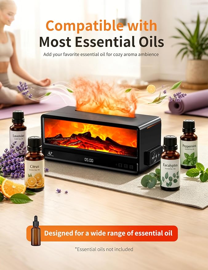 Essential Oil Diffuser for Bedroom, 250ml Aromatherapy Diffuser with Flame Effect, Remote Control, 7 Color LED Lights, Quiet Mist for Home Office and Living Room (Black)
