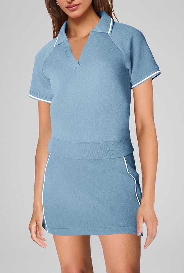 Womens Workout Sets 2 Piece Outfits V Neck Short Sleeve Polo Shirt and Tennis Skort Set with Pockets